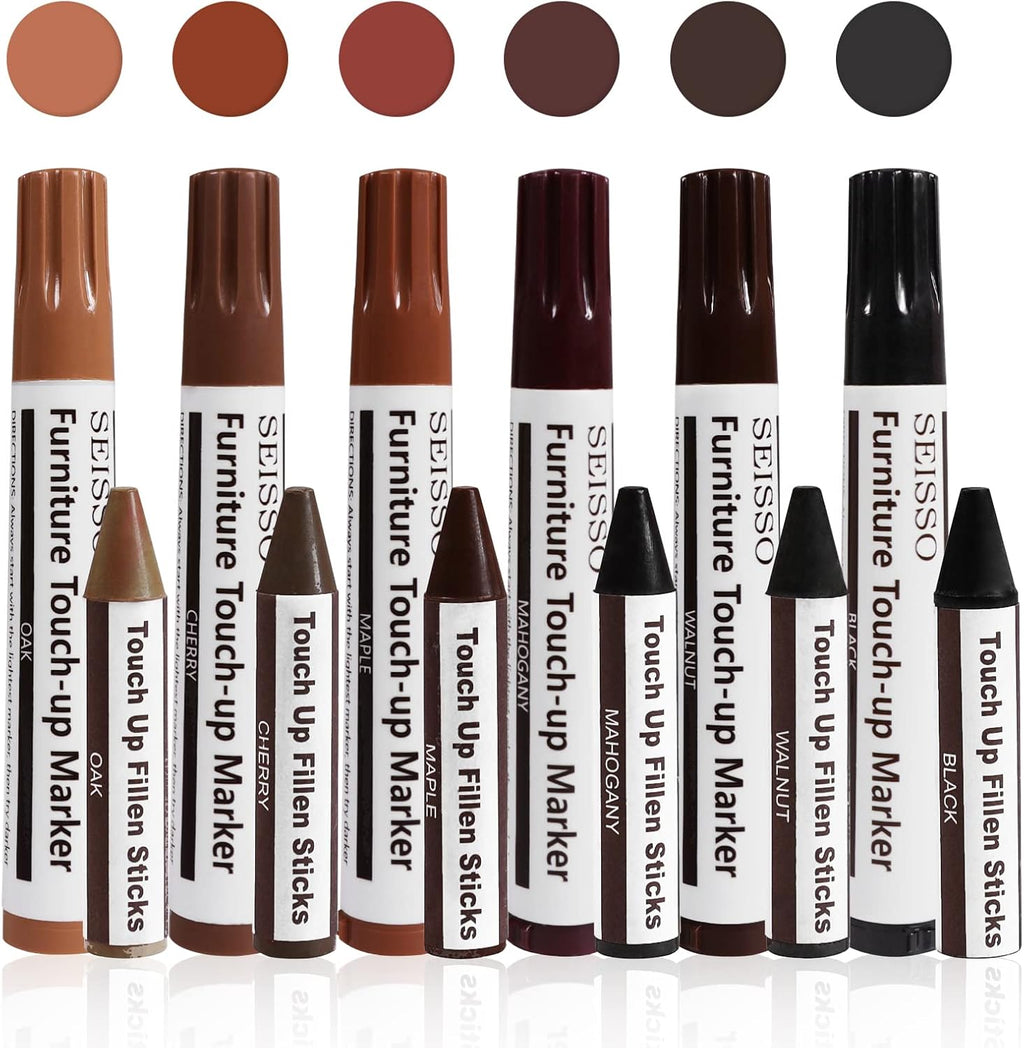Furniture Repair kit, Wood Scratch Cover Markers*6 and Wax Filler Sticks*6 with Sharpener- 13Pack, Furniture Markers Touch Up Kit for Cover Ups Wooden Floors, Tables, Desks, Carpenters, Stains