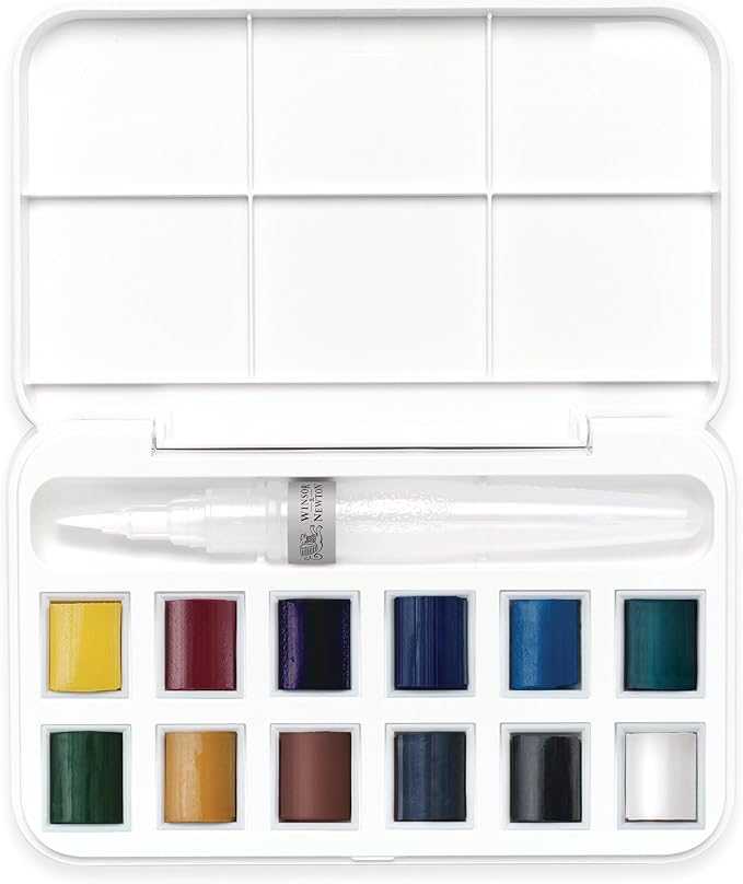 Winsor & Newton Cotman Watercolor Paint Set, 12 Half Pan w/ Water Brush Pen and Mixing Palette