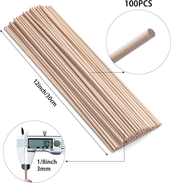 Wood Dowel Rods Wooden Dowels Wooden Sticks for Crafts 1/8 x 12, 100 PCS Round Wood Sticks for Crafting, Lollipops, Tiered Cake, Small Unfinished Hardwood Sticks for Arts and Crafts, Photo Props