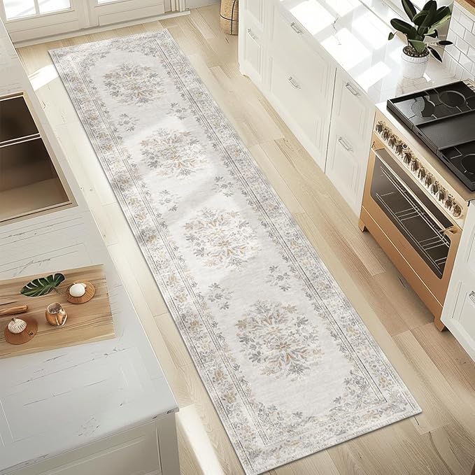 jinchan Hallway Runner Rug 2x10 Vintage Floral Distressed Design - Machine Washable Non-Slip Low-Pile Soft Thin Faux Wool Kitchen Carpet for Farmhouse Bedroom Laundry Room(2x10ft,Light Grey)
