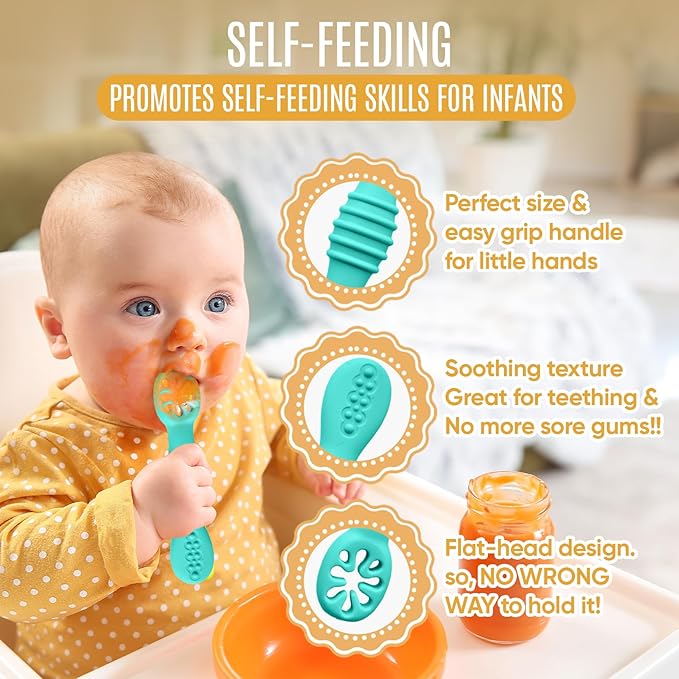 4pc Silicone Baby Spoons Self Feeding Baby Utensils 6-12 Months - 3 Baby Spoon - 1 Baby Fork - Toddler Cutlery Set - BPA Free, Dishwasher Safe - Baby Eating Essentials (Turquoise/Pickle)