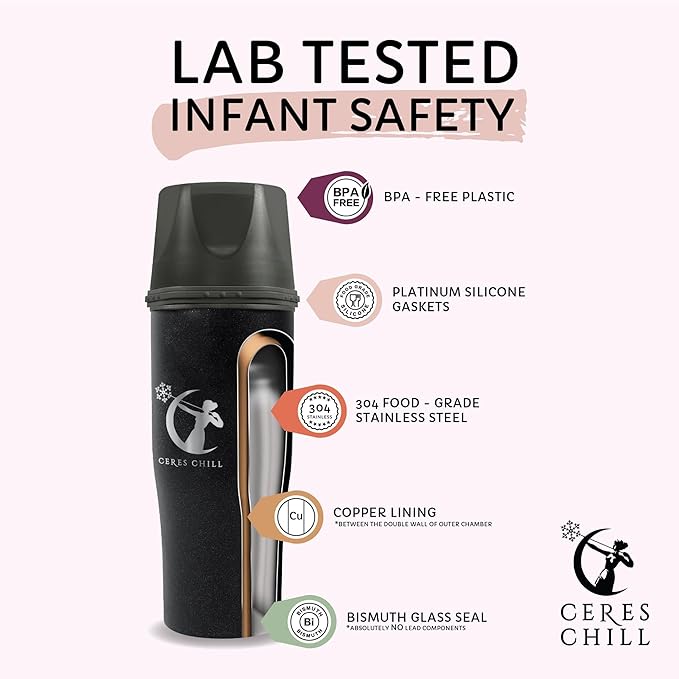 CERES CHILL Mini Breastmilk Chiller Demigoddess, Up to 12 oz. Reusable Storage Container, Keeps Milk at Safe Temperatures for Up to 16 Hours, Bottle Cooler, Connects w/Most Pumps (Rose Gold)