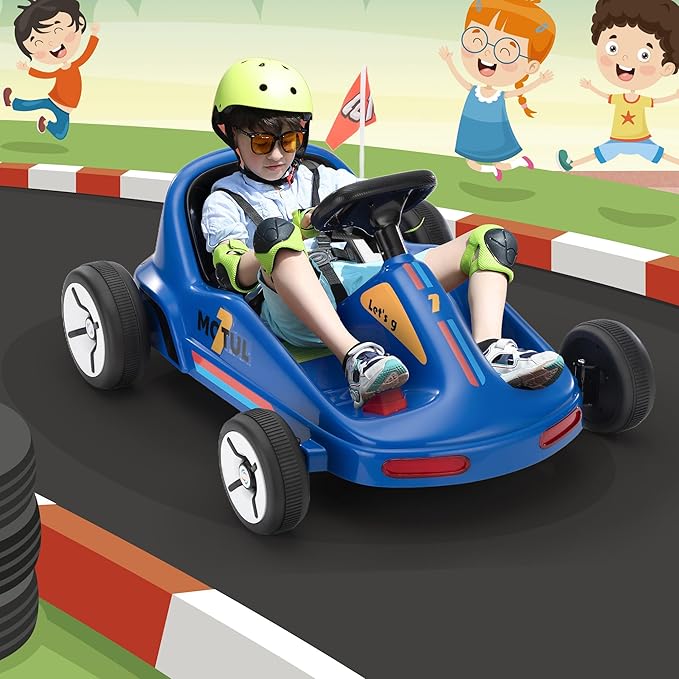 TOBBI 12V Electric Go Kart for Kids Battery Powered Ride on Car Outdoor Race Toy with Remote Control, Safety Belt, Music, LED Lights and Flags for Toddlers 3-8 Years, Blue