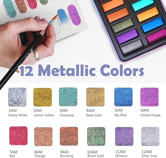 Watercolor Paint Set, 18 Colors Glitter Watercolor Paint Kit (12 Metallic & 6 Chameleon), Portable Travel Set with Water Brush Pen, Pencil, Eraser, Paper - Ideal for Drawing and Art Supplies, Adults, Beginners