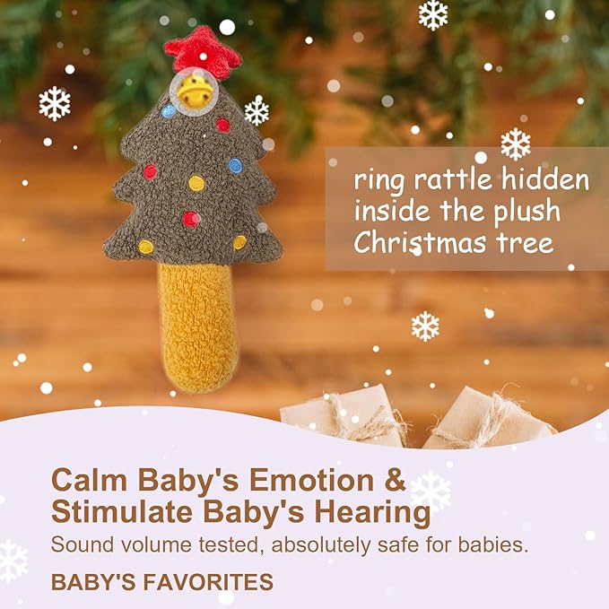 Organic Cotton Stuffed Animal Rattle Baby Toys, Plush Stocking Cuddle Cloth and Hand Grip Christmas Tree Ring Rattles Plush Toy Set for Newborns Infant Boys Girls, 2 PCS
