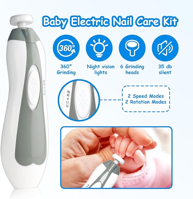 Baby Healthcare and Grooming Kit, 28 in 1 Portable Baby Essentials Kit Electric Nail Trimmer Set with Gas Relief Hair Brush Comb Nasal Aspirator for Newborn Boys Girls (Grey White)