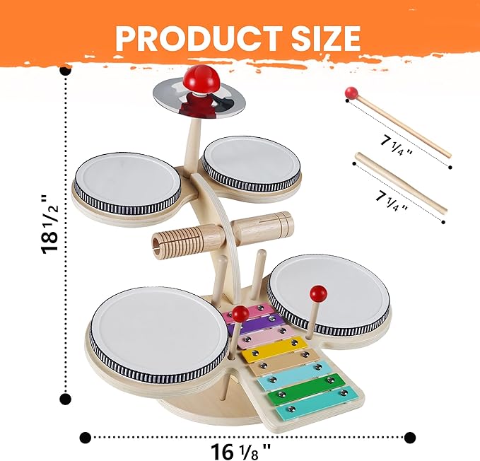 iPlay, iLearn Toddler Wooden Drum Set, Kids Musical Instruments Toy, 8 in 1 Percussion Drum Kit W/Xylophone Cymbal, Baby Montessori Learning Birthday Gifts for 18 Month, 2 3 4 5 6 Year Old Boy Girl