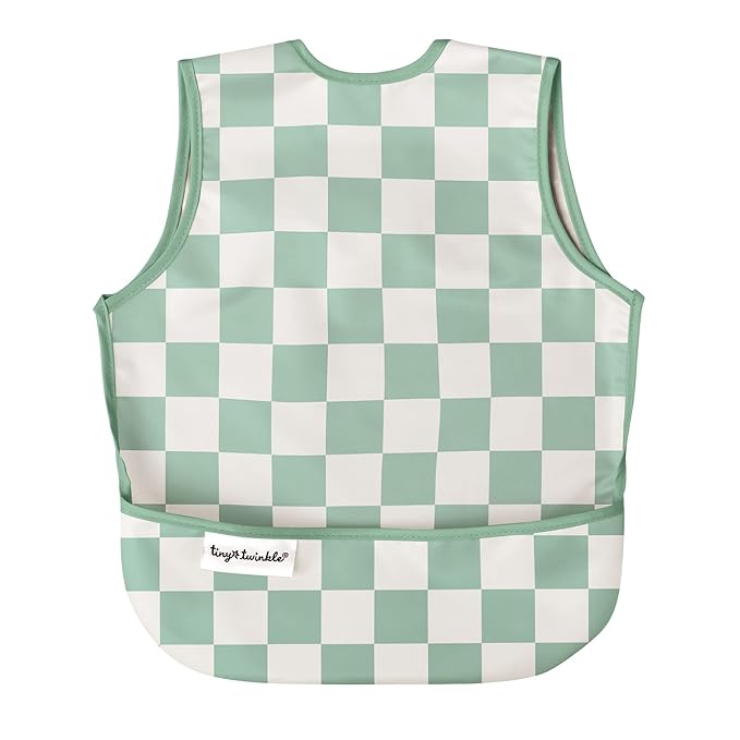 Tiny Twinkle Mess Proof Baby Bib - Waterproof & Lightweight Baby-Led Weaning Apron | 100% Recycled Polyester, Easy Clean & Machine Washable (Green Checkers, Large 2-4 Years)