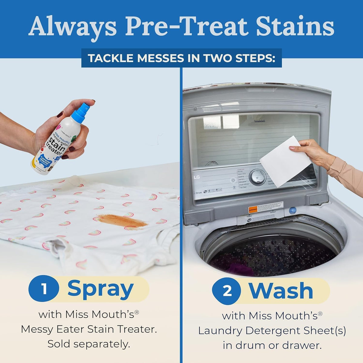 Miss Mouth’s Messy Eater Stain Treater Stain & Suds Duo Pack - 3 Pack Spray and 30 Pack Detergent Sheet bundle - Newborn & Baby Essentials - Food, Grease, Coffee Off Laundry, Underwear, Fabric