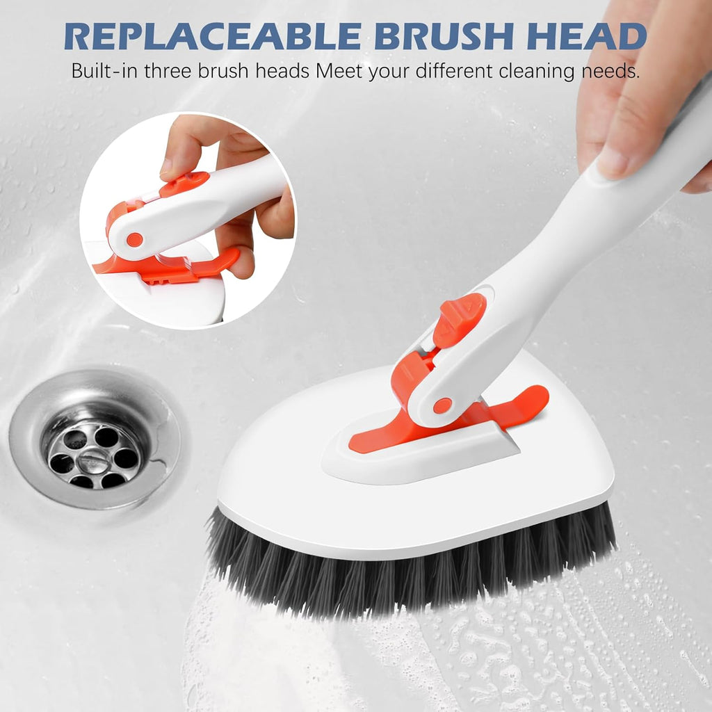 SetSail Floor Scrub Brush, 3-In-1 Tile Tub Floor Scrubber with 52-inch Adjustable Long Handle Shower Cleaner Brush and 4 Detachable Replacement Brush Heads for Cleaning Bathroom Kitchen Walls Tub Tile