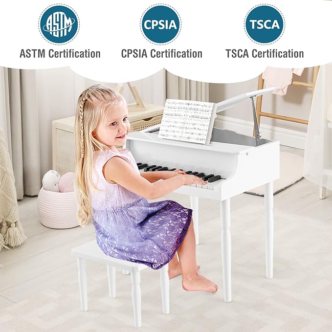HONEY JOY Classical Kids Piano, 30-Key Mini Grand Piano with Music Stand and Bench, Wooden Musical Instrument Toy w/Lid & Music Rack, Gift for Boys Girls Ages 3+ (4 Straight Leg-White)
