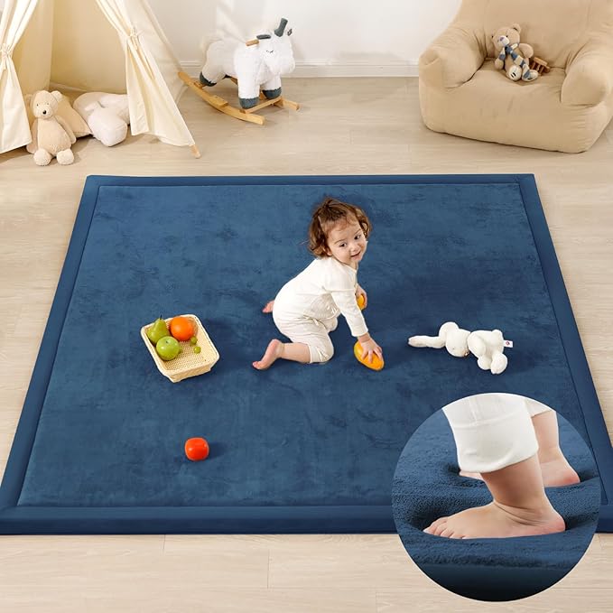 1.3" Thick Baby Play Mat for Floor Playpen, 50x50 Foam Tummy Time Mat, Padded Support Soft Plush Nursery Rug for Infant Kids Toddler Crawling Kick Activity (Royal Blue)