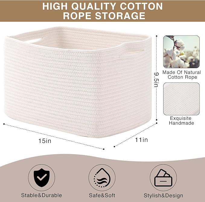 Storage Baskets for Organizing Shelves, Woven Cotton Rope Bins for Baby Nursery Organization, Book Toy Towel Organizer, 15"x11"x9.5", 3 Packs, Off White