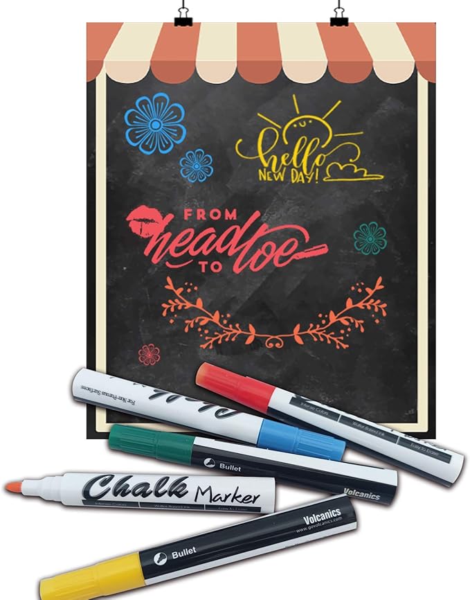 Volcanics 12 Pack Liquid Chalk Markers – 12 Bright Colors – Round Tip Wet Erase, Dust-Free, Non-Toxic, Kid-Safe Chalk Pens for Chalkboards, Glass, Windows, LED Signs