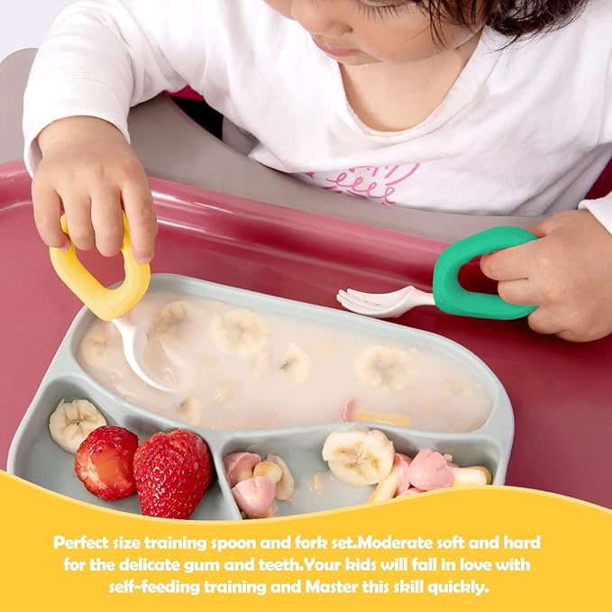 Baby Self Feeding Training Spoon and Fork Set with Travel Case, BPA-Free Cute Circle Toddler Training Utensils, Silicone/ABS Great Tableware Set Spoons Fork for Kids(Deep Green & Light Yellow)