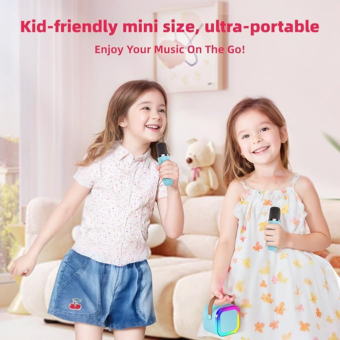 Kinglucky Mini Karaoke Machine for Kids, 2025 TOP Birthday Gifts Ideas for 3-12 Year Old Girls, Christmas Party Gifts Kids' Personal Video Players Accessories with 2 Wireless Microphones - Blue