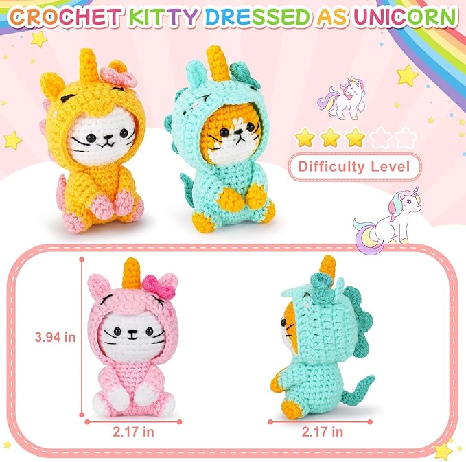 Crochet Kit for Beginners - 3 PCS Unicorn Cat Crochet Kits with Step-by-Step Video Tutorials, Beginner Crochet Kit for Adults Kid, Crochet Animal Kit for Starters, Cat Dressed as Unicorn Set