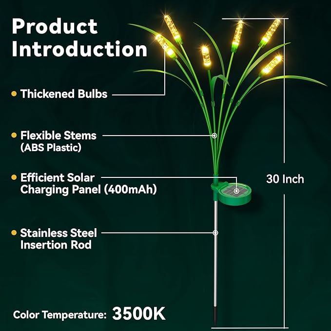 4 Packs Reeds Solar Garden Light, 30 Inch Garden Solar Light with 24 Bulbs, Intelligent Light Control System, IP65 Waterproof, Outdoor Solar Light for Decorating Yard, Pathway(Warm Color)