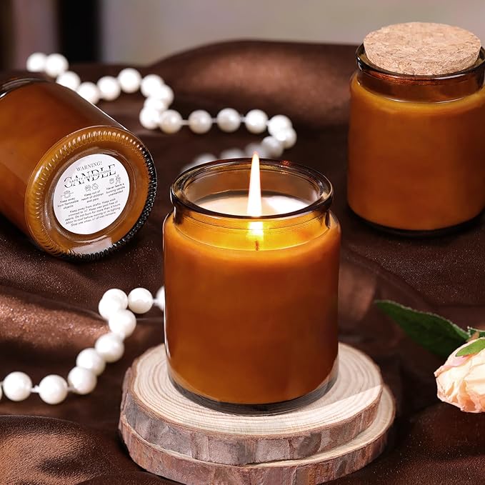 12Pcs Amber Candle Jars for Making Candles, 7.5oz Glass Jars with Wooden Lids and Labels, Candle Containers for DIY, Gifts, Candle Making Supplies, Table Decor