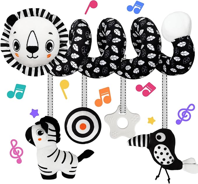 Car Seat Toys for Babies 0-6 Months,Hanging Rattle Toys for Crib Mobile, Baby Spiral Hanging Stroller Black and White High Contrast Toys for Newborn 0 3 6 9 12 Months Baby Boys Girls (Lion)