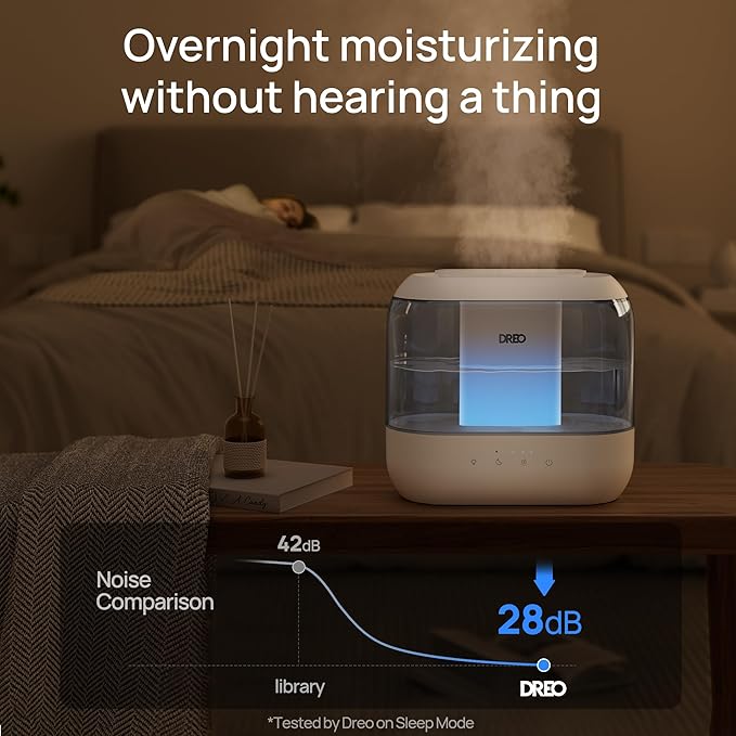 Dreo Top Fill 4L Humidifiers for Bedroom, 36H Runtime, 28 dB Quiet Cool Mist Supersized Air Humidifier for Large Room, Plants, Baby Nursery, Indoor, Night Light, Easy to Clean & Fill, Gray