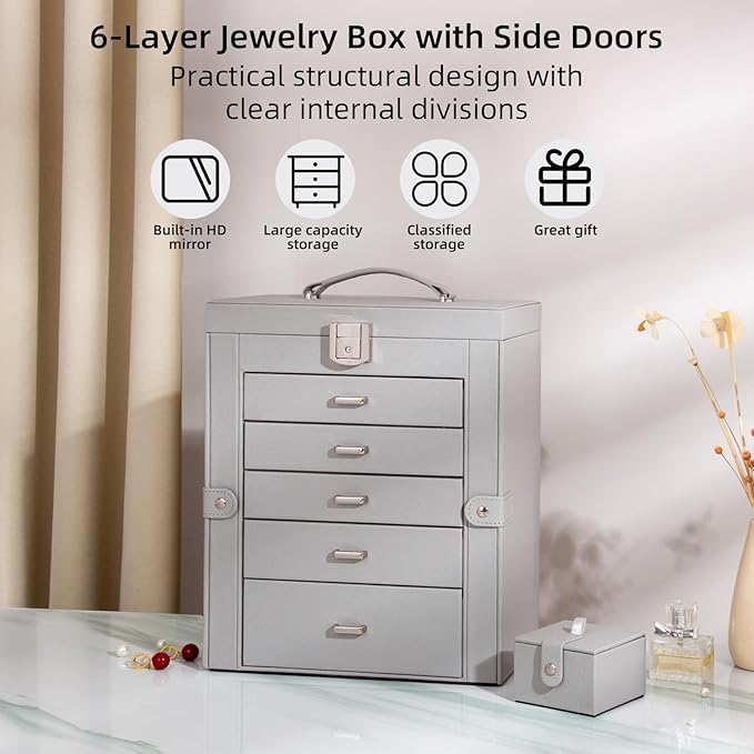 Large Jewelry Box,5-Tier PU Leather Jewelry Organizer with Lock,Multi-functional Storage Case with Mirror,Jewelry Organizer for Bracelets, Earrings, Rings, Necklaces, Mothers Day (GRAY)