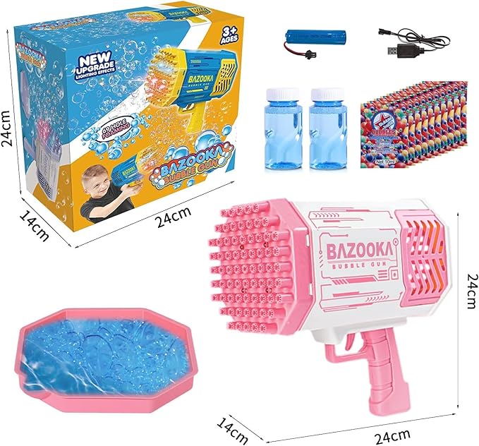 Bubble Gun, Bazooka Bubble Machine Gun, Bubble Blaster Gun with Bubble Solution, 69 Holes Bubble Bazooka Gun Outdoor Summer Toy Party Favors for Kids Pink Bubble Maker Blowers