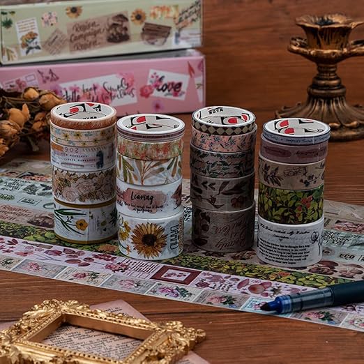 MAFELOE Decorative Vintage Washi Tapes Set 20 Rolls 2 Meters Long, Adhesive Scrapbook Junk Journaling Art Craft Collage Supplies-Forest Dream Series-Khaki (WT-M4-SLMJ)