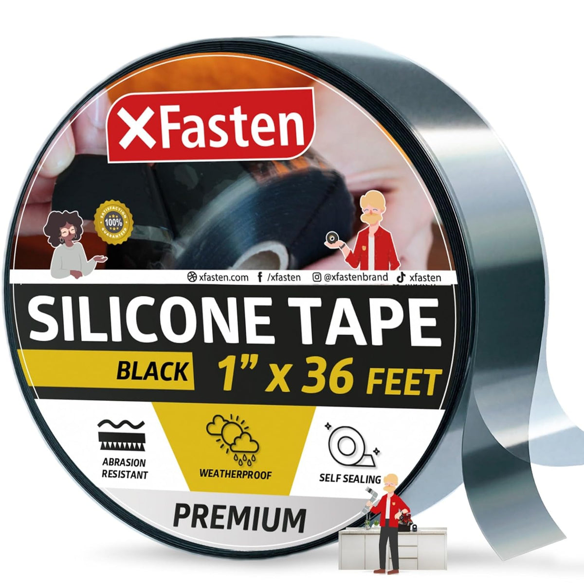 XFasten Self Fusing Silicone Tape Waterproof – 1" x 36 Feet Black, Self Amalgamating Tape, Silicone Rubber for Plumbing, Sealing Pipes, Hose Repair, Outdoor Coax and Electrical Cables – Weatherproof