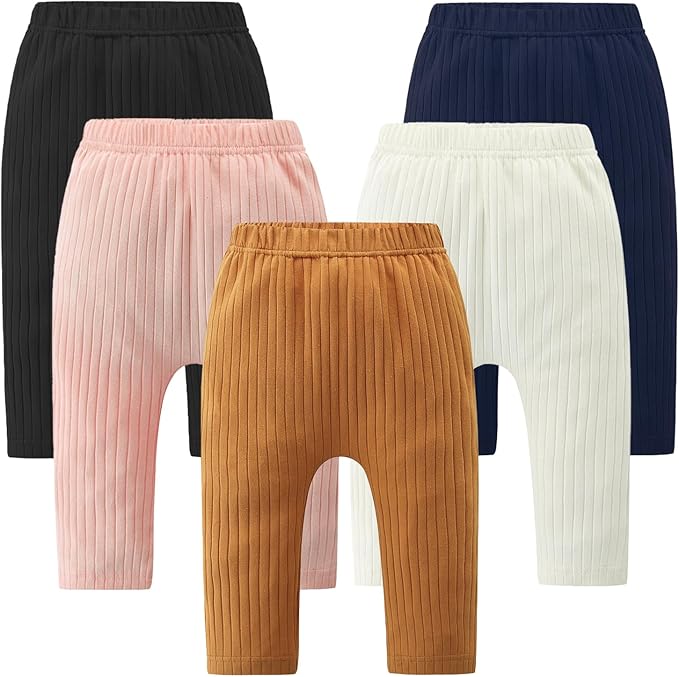 Baby and Toddler Girl's 5 Pack Cotton Ribbed Pull On Pants Leggings 0-4 Years