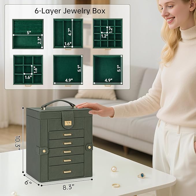 AKOZLIN Jewelry Box Organizer Functional Leather Jewelry Storage Case for Women Girls Ring Necklace Earring Bracelet Holder Organizer with Mirror