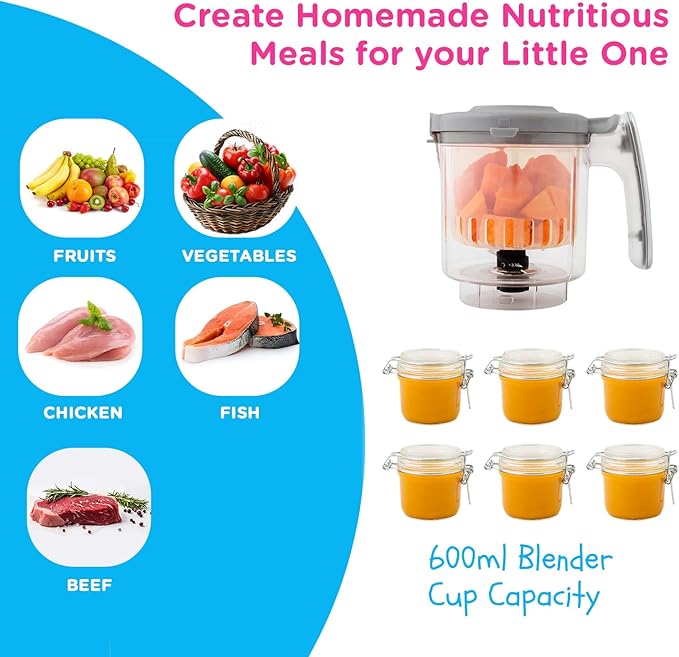 EVLA'S Baby Food Maker, Steamer, Blender, Baby Food Processor for Healthy Homemade Baby Food in Minutes, Touch Screen with 6 Reusable Food Pouches, Baby Registry Essential, Grey