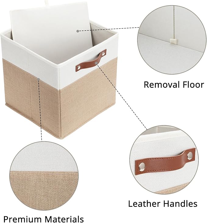 HNZIGE Fabric Baskets for Organizing 13x13 Storage Cubes, Set of 4 Fabric Foldable Canvas Storage Bins for Shelves, Cloth Storage Bins for Cube Organizers Toy Nursery Closet Bedroom?Beige&White?