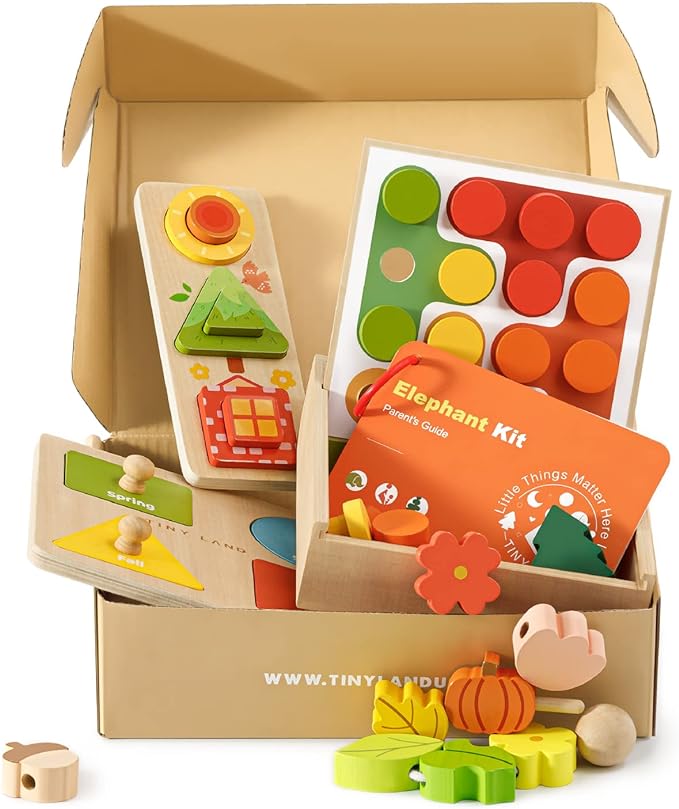 Tiny Land Montessori Toy Set for Babies 18-24 Months Investigator Play Kit- 4-in-1 Wooden Learning Toys with Color Sorting, Lacing Beads, Shape Matching, and Seasons Puzzles