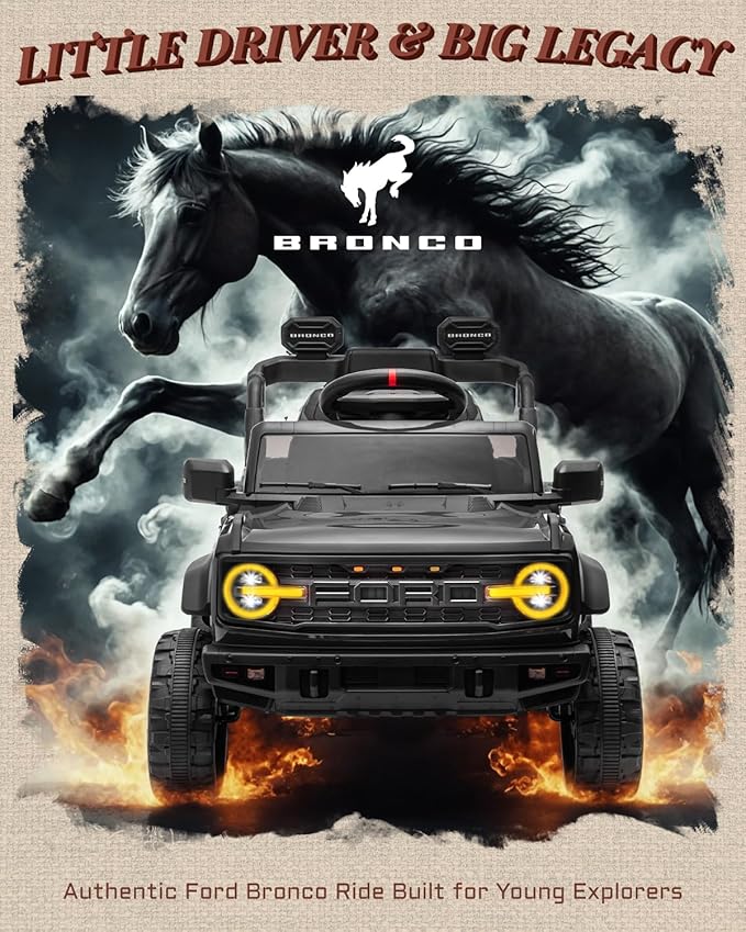 12V Ride on Toys for Kids, Licensed Ford Bronco Raptor Children Electric Vehicles, Toddler Battery Powered Car with Double Doors, 3 Point Safety Belt, Led Lights (12V, Black)