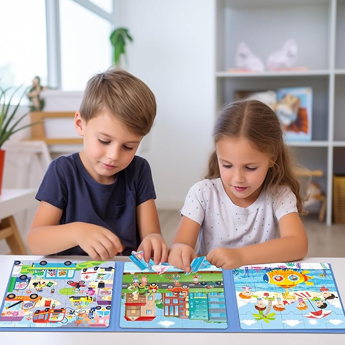 Magnetic Puzzles for Toddlers 3-5, 75-Pieces Travel Toys, Transportation Puzzles Ages 4-6, Educational Learning Magnets, Road Car Trip & Airplane Activities Toys for 3 4 5 6 7 Girls Boys Gift