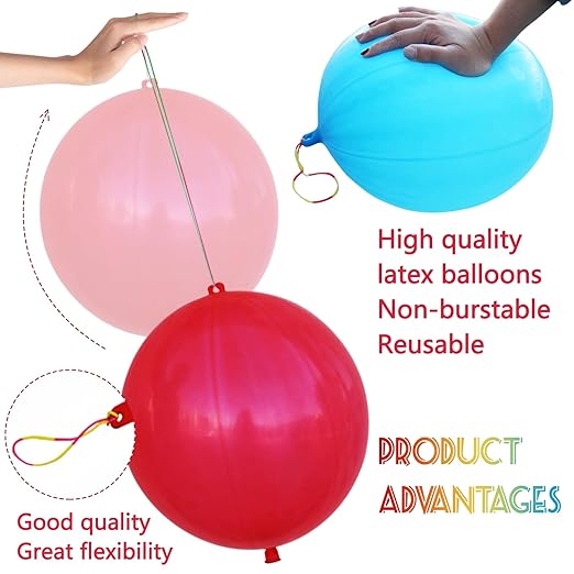 30Pcs Punch Balloons, Thickened Neon Punching Balloon Heavy Duty Party Favors for Kids with Rubber Band Handle, Bouncy Balls for Birthday Weddings Goodie Bag Stuffer Supply