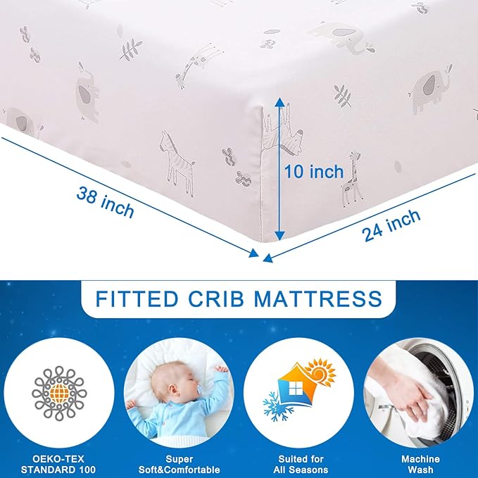 Wowelife Mini Crib Bedding Set Boy, 3 Piece Baby Bedding Set Nursery Bedding Set Elephant, Giraffe, Zebra Breathable Soft for Baby Boy with Comforter, Crib Fitted Sheet and Crib Skirt, Gray