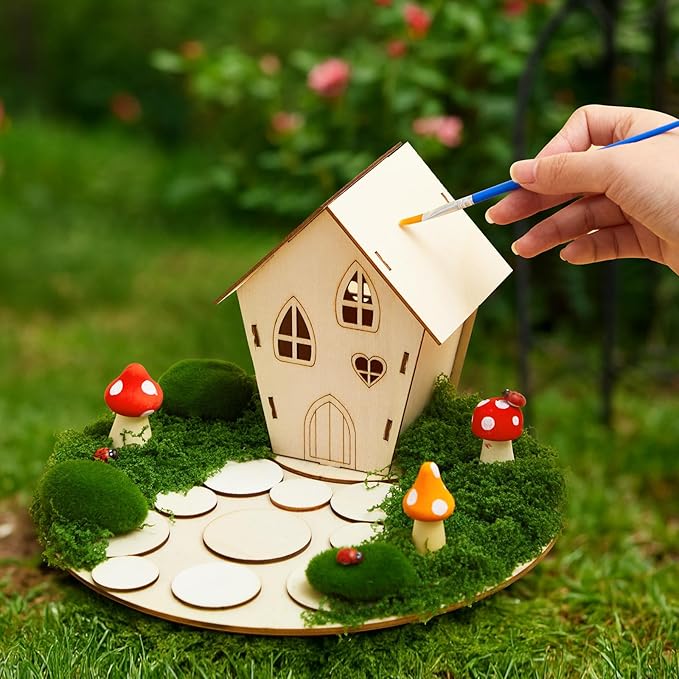 Kathfly 2 Sets Wooden Fairy House Craft Kit, Fairy Garden Kit with Paints & Decorations, Unpainted Miniature Accessories for Home Event Party Decor, Arts Crafts Birthday Gift