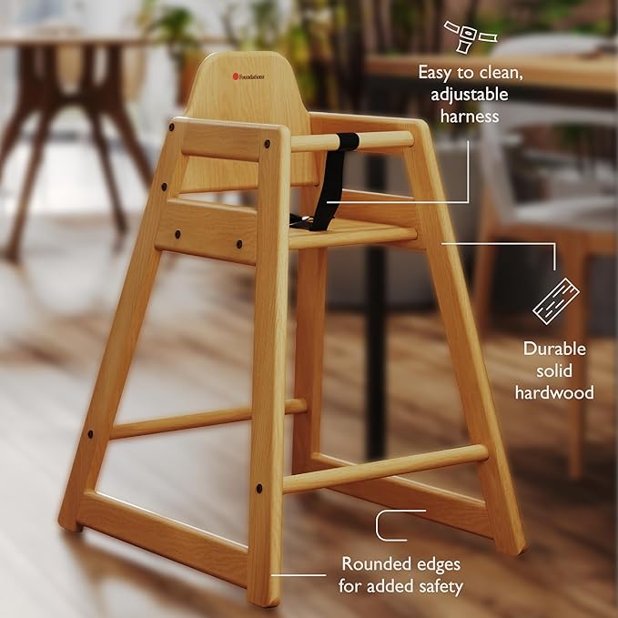 Foundations Neat Seat Wood Highchair for Restaurants, Easy to Clean, “No-tip” Feet, 3-point Safety Harness, Durable Hardwood, Small Footprint, Stackable (Natural)