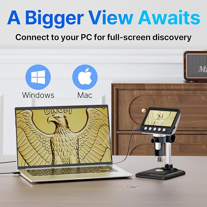 Coin Microscope, 4.3" LCD USB Digital 1000X Coin Magnifier with 8 Adjustable LED Lights, 1080P PC View Compatible with Windows/MacBook for Adults Kids