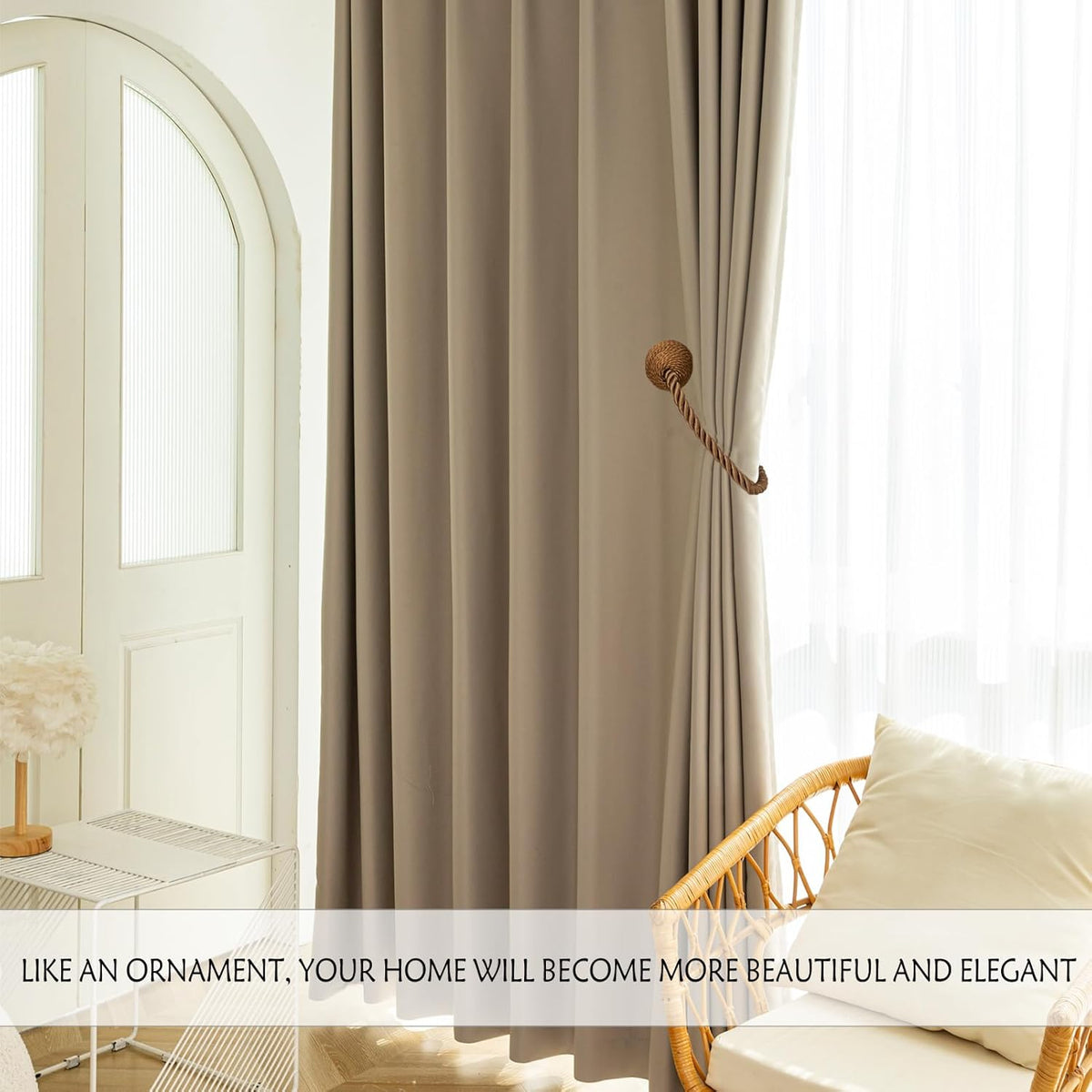 Magnetic Curtain Tiebacks Rope Curtain Tie Backs for Curtains 4 Pack Curtain Holders for Drapes Decorative Window Curtain Holdbacks, Khaki