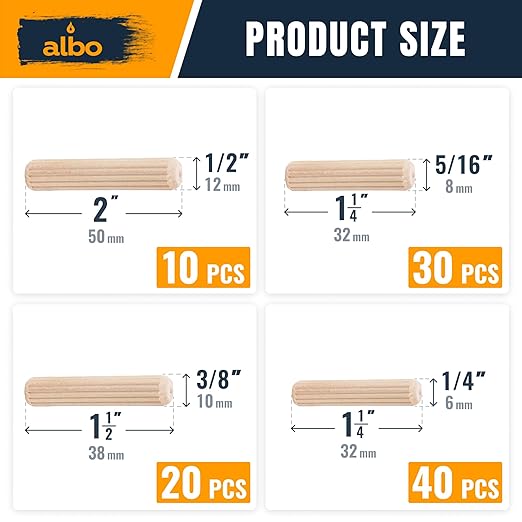 ALBO Wooden Dowel Pins 100 Pack Assorted Sizes 1/2 + 3/8 + 5/16 + 1/4 inch Fluted Wood Dowels Rods Hardwood Crafts Dowel Pegs