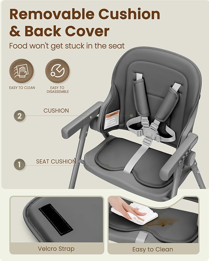 Foldable High Chair, High Chairs for Babies and Toddlers, Dining Chairs and Eating Chair with Adjustable Tray and 5 Point Harness for Infant, Gray