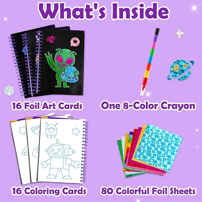 FUNNYB&G Foil Art Craft Activity for Kids - Gift for Boys Crafts for Kids Fun Art Supplies DIY Creative Travel Toy, Birthday Gift Party Favor Toys for Girls Boys 4 5 6 7 8 9 Years Old (Space)