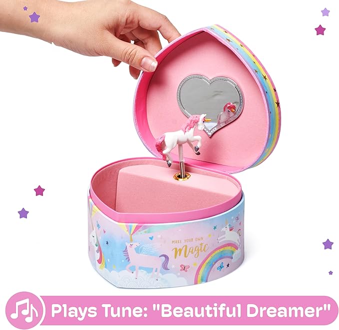 Jewelkeeper Music Jewelry Box for Girls - Sturdy Plastic with Fancy Mirror Twirling Unicorn Figurine and Flocked Lining - Kids Jewelry Box for Secrets and Keepsakes - Heart Shaped Unicorn Print