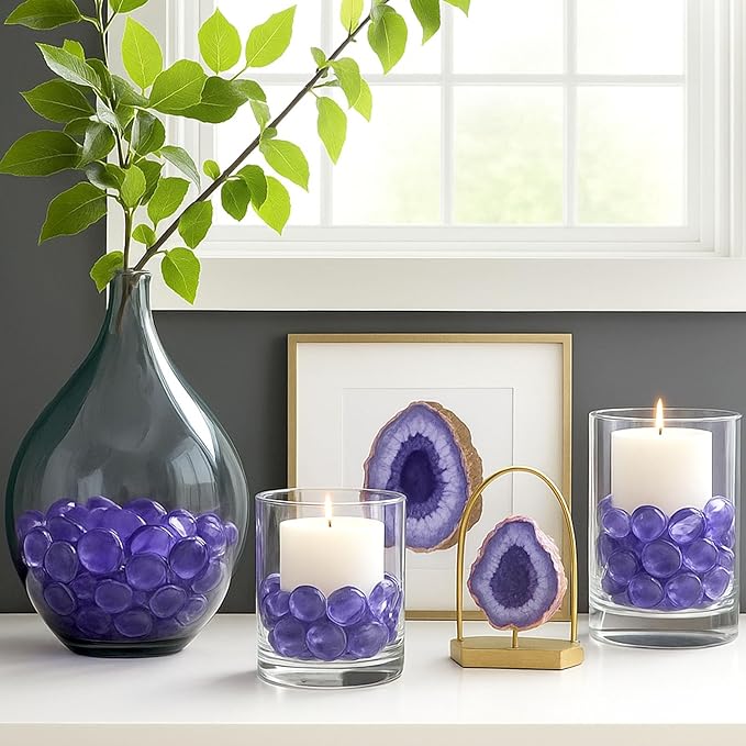 FUTUREPLUSX 1LB Purple Flat Glass Marbles, Purple Vase Filler, Glass Pebbles, Aquarium Rocks Fish Tank Beads for DIY Crafts Table Scatter Decor