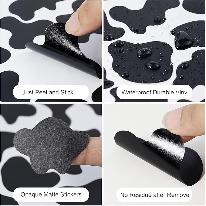 YouRfocus Farmhouse Cow Print Wall Decals | 6 Sheets of Black Vinyl Peel and Stick Wall Stickers for Bedroom, Living Room, Bathroom | Wall Decor for Home, Cars, Cups