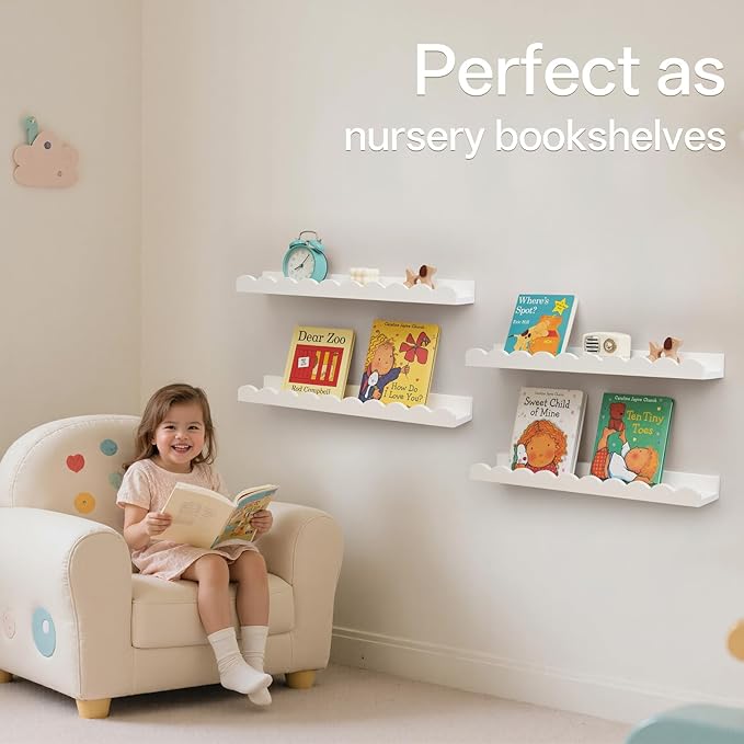 Scalloped Baby Book Shelf,Floating Shelves for Wall Set of 4 Solid Pine Wood Nursery Bookshelves with Wave Lip for Bedroom Kids, Toddler Room, Baby Room, Nursery Decor(White,60cm)