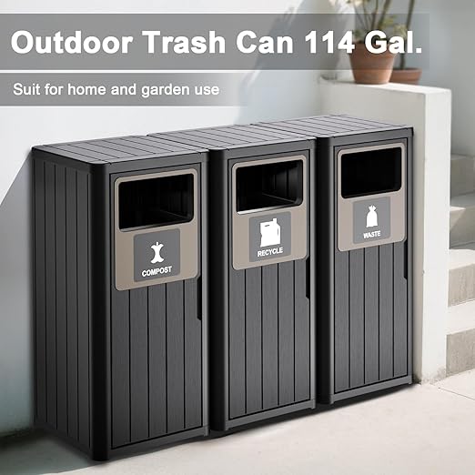 ROJIK 35" Tall Outdoor Trash Can,Weatherproof Resin Garbage Indoor Durable Lightweight,Suitable for Patio Office Kitchen,Easy to Clean,Assemble(Waste&Recycle&Composter, Black)